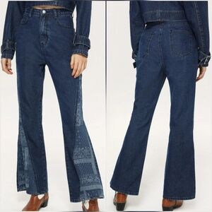 CIDER, Mid Rise Paisley Patchy Denim Flare Jeans, Size Large 30 Waist